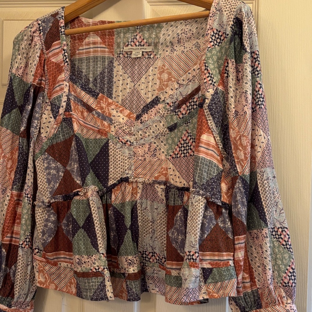 American Eagle Outfitters Patchwork Peasant Blouse in Rust, Navy, Sage, Cream